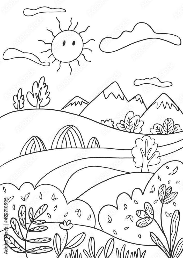 Naklejka premium Nature landscape kids coloring page for print. 