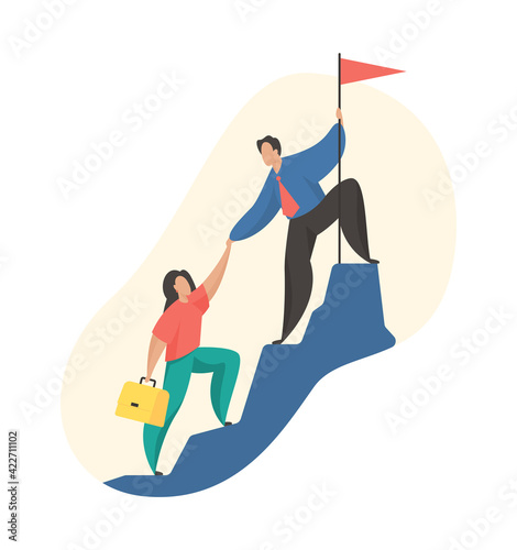 Successful teamwork and business partnership concept. Male cartoon character helping woman to climb to the top of the mountain to achieve success. Career growth. Flat vector illustration