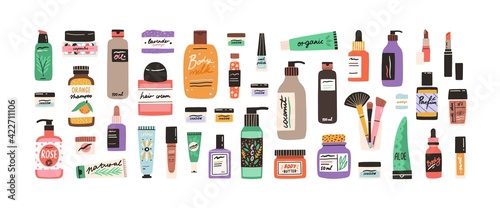 Set of different beauty cosmetic products for body, hair and skin care. Bundle of organic cosmetics and makeup items in bottles, tubes and jars. Colored flat vector illustration isolated on white