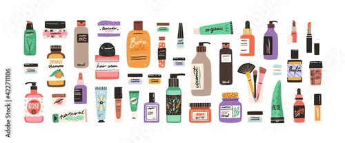 Obraz Set of different beauty cosmetic products for body, hair and skin care. Bundle of organic cosmetics and makeup items in bottles, tubes and jars. Colored flat vector illustration isolated on white