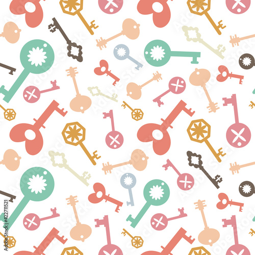 Pattern with different colorfull keys. Endless texture on white background. For fabtic print, notebook cover, wrapping paper, background.