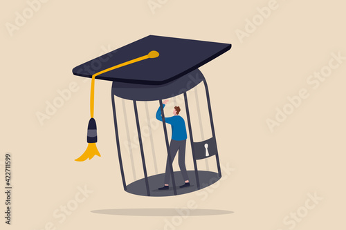Student loan debt, money trap that graduated have to payback huge amount of money, expensive cost for education concept, depressed confused new graduated student in birdcage with graduation cap.