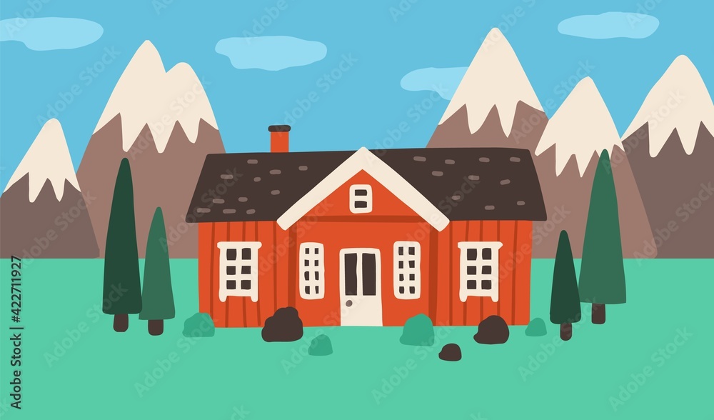 Exterior of little wooden village house in nature among trees and mountains. Countryside landscape with sweet nordic home. Colored flat vector illustration of rural building in Scandinavian style