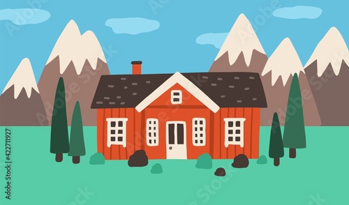 Exterior of little wooden village house in nature among trees and mountains. Countryside landscape with sweet nordic home. Colored flat vector illustration of rural building in Scandinavian style