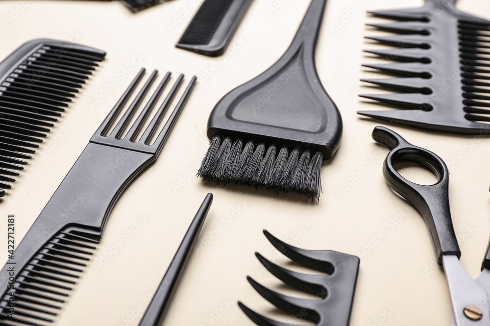 Set of hairdresser's tools on color background Set of hairdresser's tools on color background