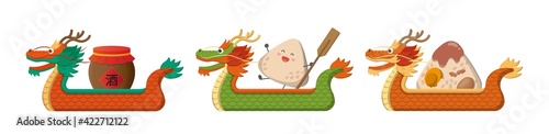 3 kinds of dragon-shaped boats and elements of Asian Dragon Boat Festival cartoon comic vector