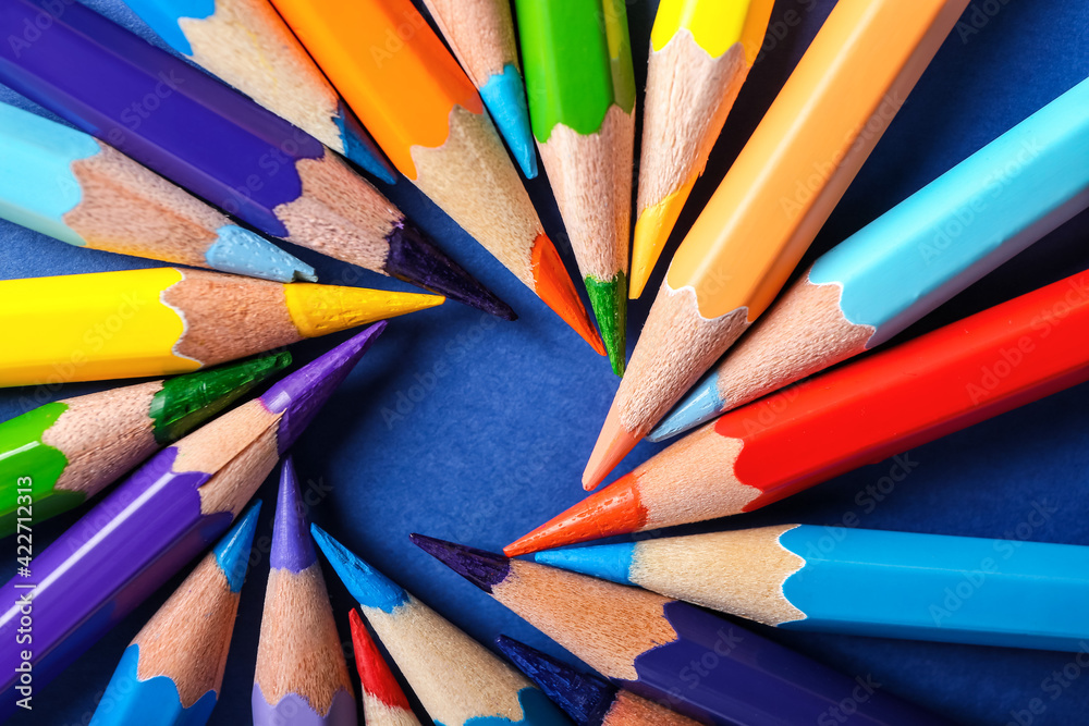 Fototapeta premium Composition with colorful pencils on color background