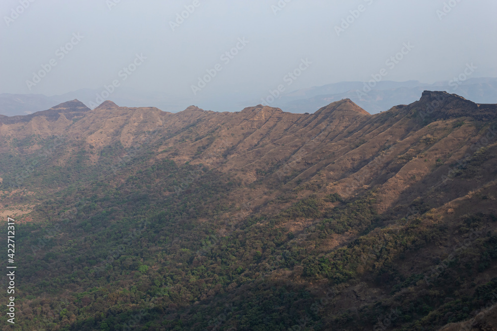 Suvela Machi a long strip of fortified walls and hill view of Rajgad fort, Pune, Maharashtra, India.