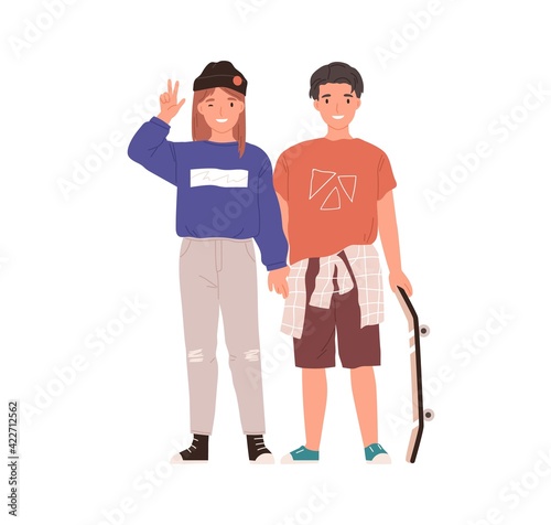Happy couple of teen boy and girl. Portrait of trendy teenagers. Modern smiling pair standing together. Colored flat vector illustration of young friends isolated on white background