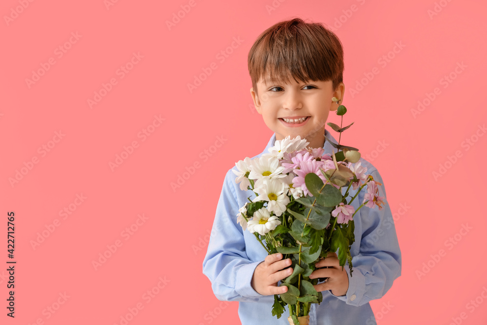 Cute little boy with bouquet of beautiful flowers on color background Cute little boy with bouquet of beautiful flowers on color background
