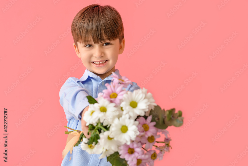 Cute little boy with bouquet of beautiful flowers on color background Cute little boy with bouquet of beautiful flowers on color background