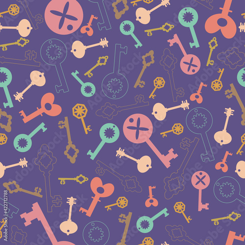 Pattern with keys. Flat style illustration. Endless texture on violet background.