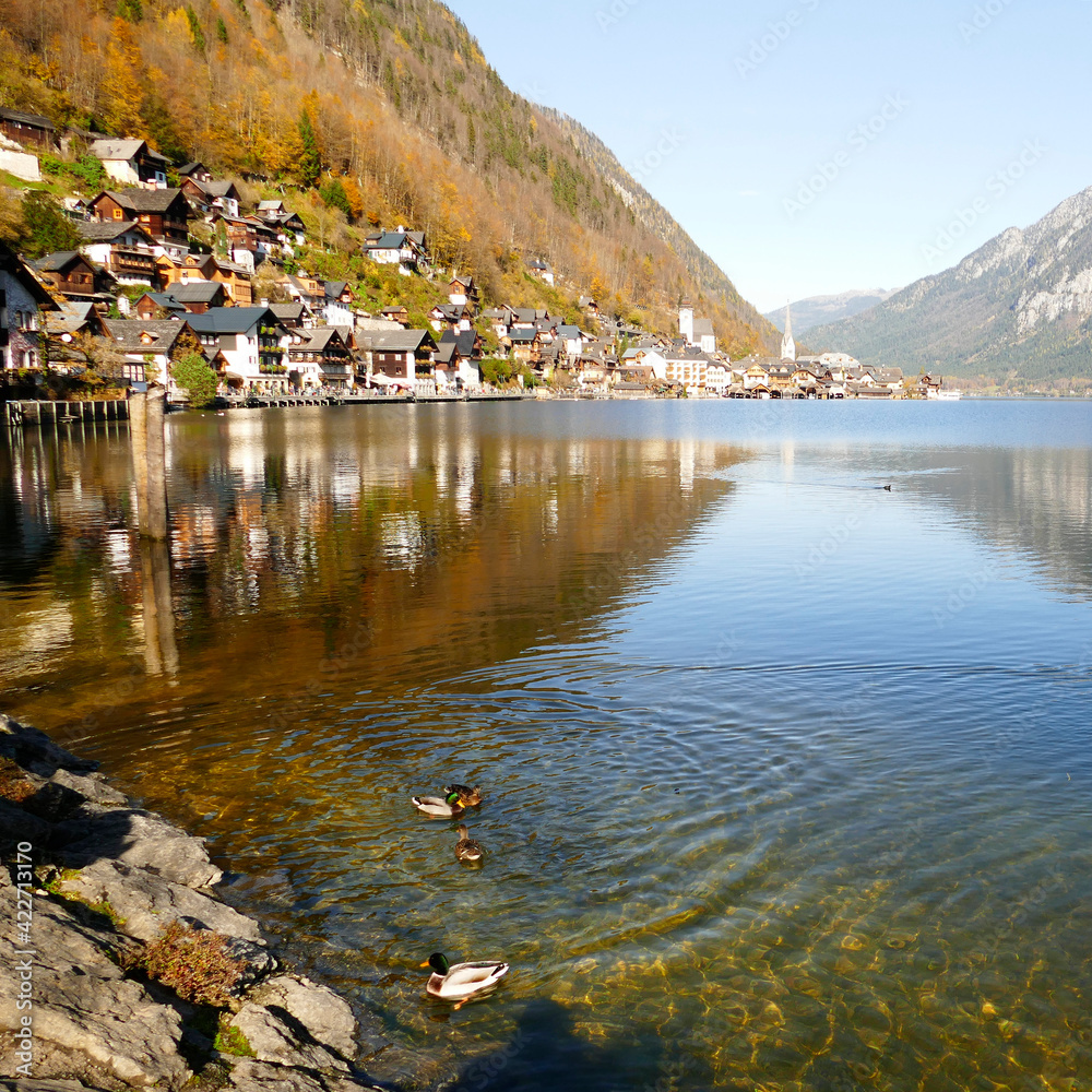 View of Hallstatt village in the autumn by the lake side in Austria	