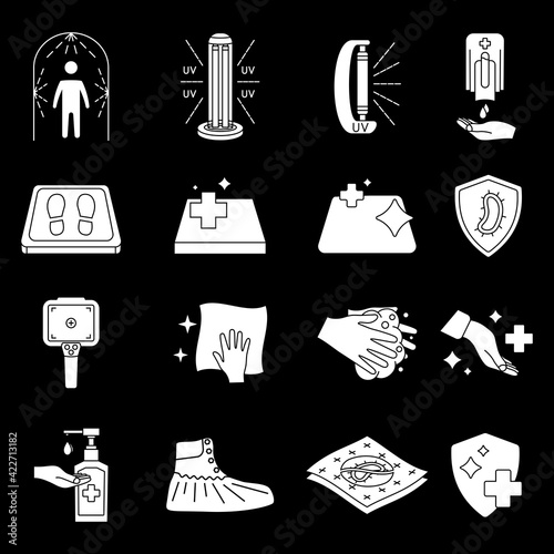 Disinfection icons. Cleaning and sanitizer surface, wash hand gel, UV lamp, sanitizing mat, thermographic camera, antiviral cover, antibacterial protection, disinfection tunnel. Antiviral symbols