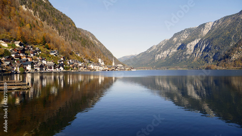 View of Hallstatt village in the autumn by the lake side in Austria 