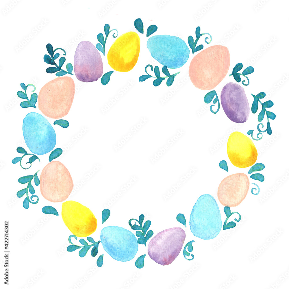 Pastel eggs and ivy green wreath watercolor hand painting for decoration on Easter festival.