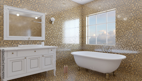 Bathroom interior bathtub. 3D rendering.