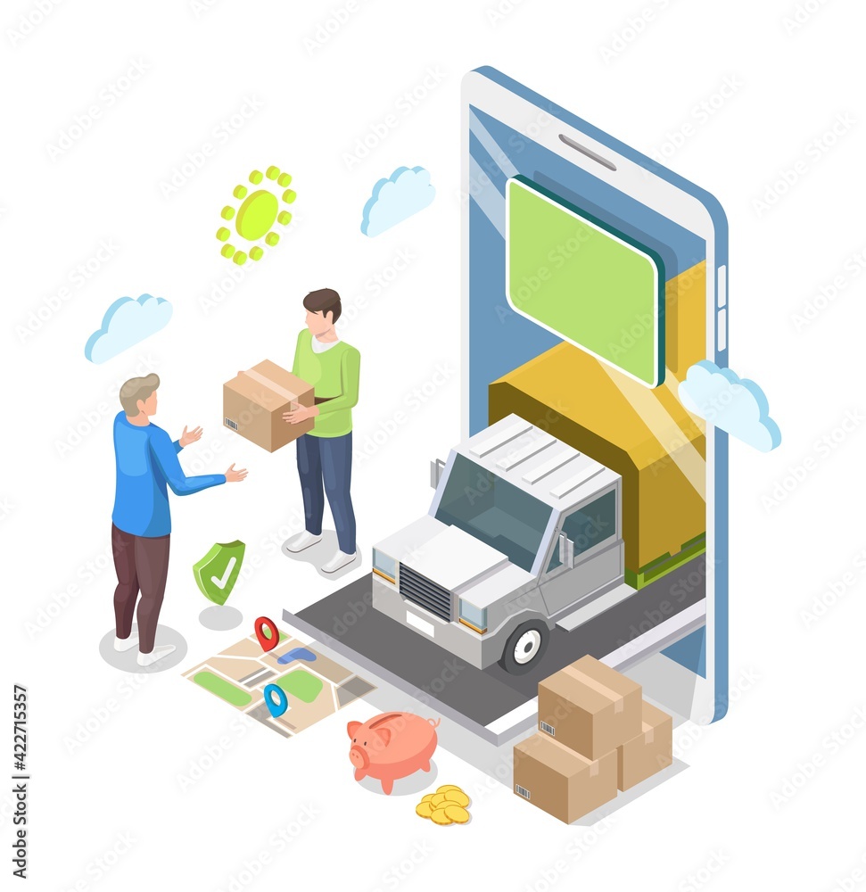 Isometric smartphone, truck, courier giving parcel to customer, flat vector illustration. Online home delivery service.