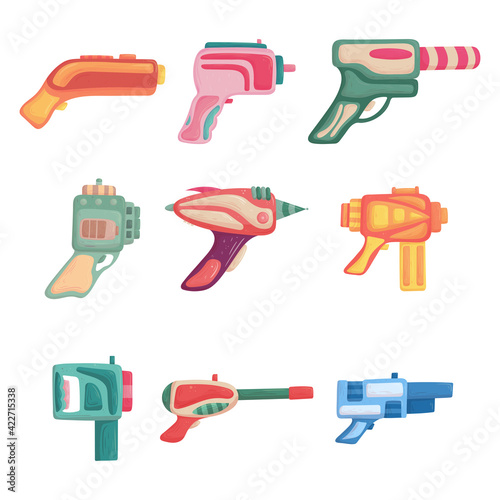Cartoon set of futuristic colorful blaster concept