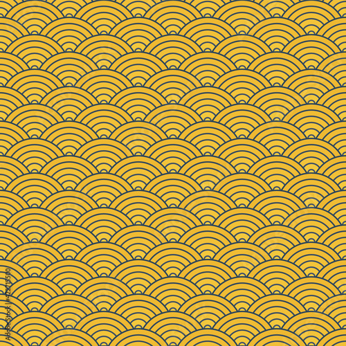 Japanese seamless circles pattern background. Japanese simple rounded background pattern for textile, paper, wrapping, ceramic, web and etc. Gold and blue colors. like a lot of coins design pattern.