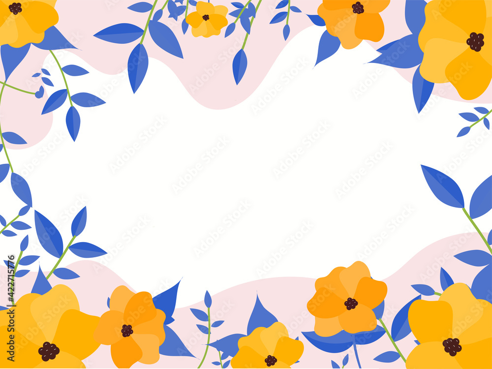 Yellow Flowers And Blue Leaves Decorated On Background With Space For Text.