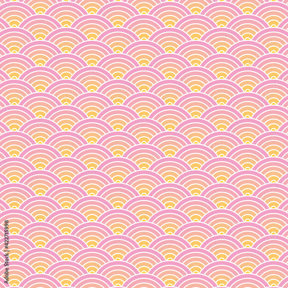 Japanese seamless circles pattern background. Japanese simple rounded background pattern for textile, paper, wrapping, ceramic, web and etc. Simple rounded pink and gold spring ornament design.