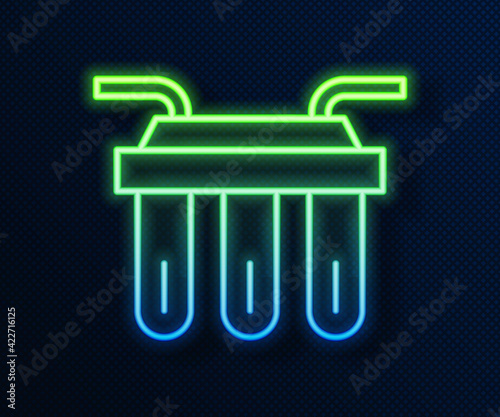 Glowing neon line Water filter icon isolated on blue background. System for filtration of water. Reverse osmosis system. Vector