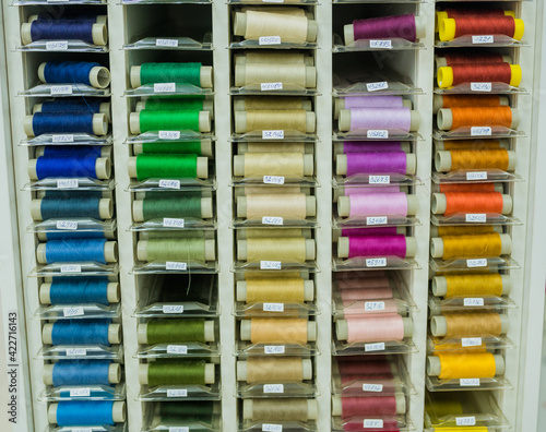 Sewing thread. thread spools background in textile store. Selective focus..