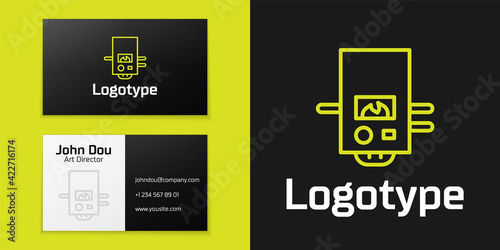 Logotype line Gas boiler with a burning fire icon isolated on black background. Logo design template element. Vector