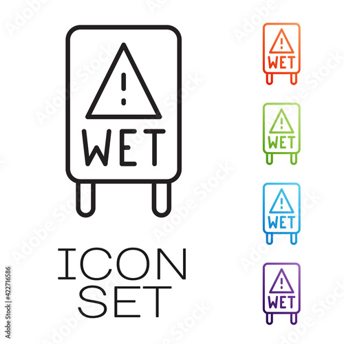 Black line Wet floor and cleaning in progress icon isolated on white background. Cleaning service concept. Set icons colorful. Vector