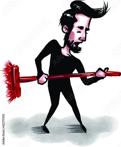 vector illustration with man playing on mop like a guitar
