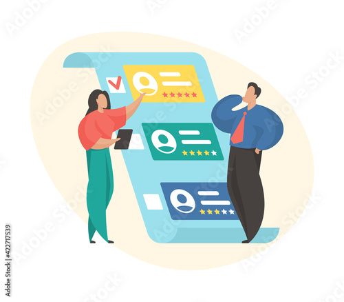 Human resources and hiring concept. Female and male cartoon characters HR managers choosing best candidate. Searching for new employee. Recruit agents comparing employees rating. Vector illustration