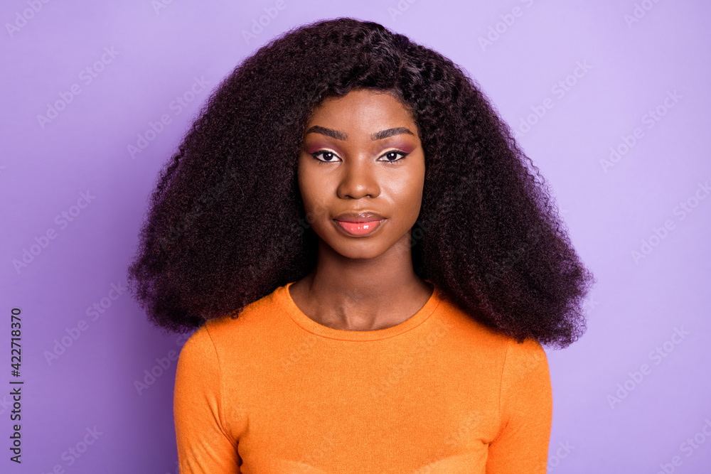 Portrait of attractive calm content bushy-haired girl isolated over purple violet pastel color background Portrait of attractive calm content bushy-haired girl isolated over purple violet pastel color background