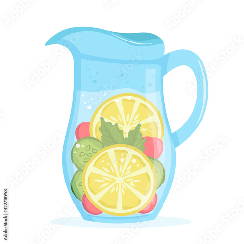 Jug with fresh tasty lemonade. Pitcher with detox citrus drink. Healthy lifestyle. Vector illustration.