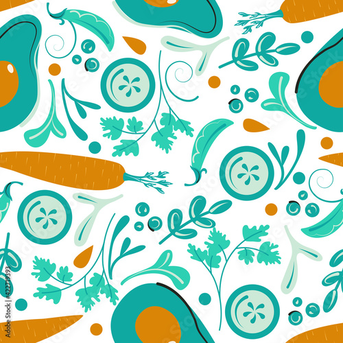 Seamless vegetable pattern. Green vegan background. Flat vector illustration