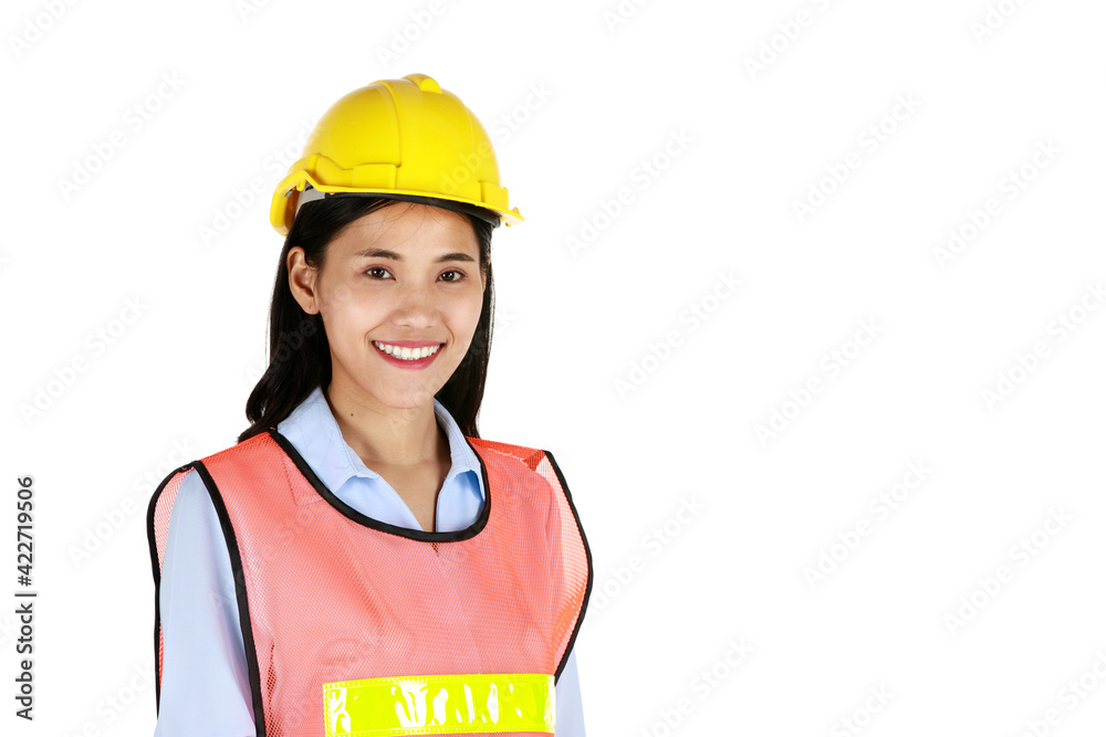Portrait of young and beautiful Asian female engineer wearing yellow safety hard hat standing and pose with happy and smile face isolated on white background and looking at camera Portrait of young and beautiful Asian female engineer wearing yellow safety hard hat standing and pose with happy and smile face isolated on white background and looking at camera