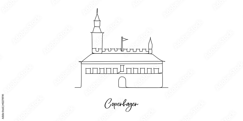 Vector - Copenhagen. Simple flat concept one line drawing. Cityscape with landmarks