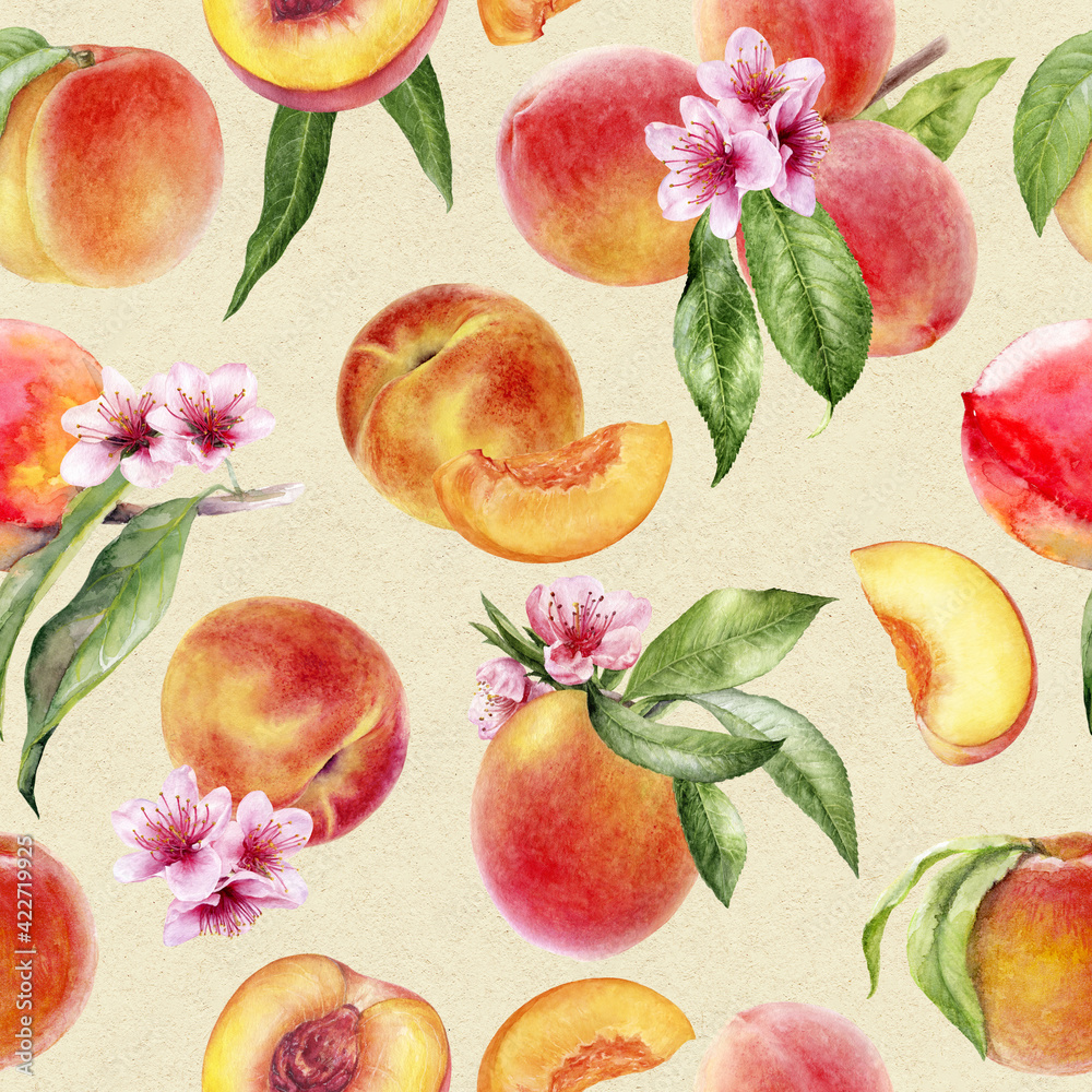 Watercolor seamless pattern peaches with flowers and leaves on a craft paper background. Watercolor seamless pattern peaches with flowers and leaves on a craft paper background.