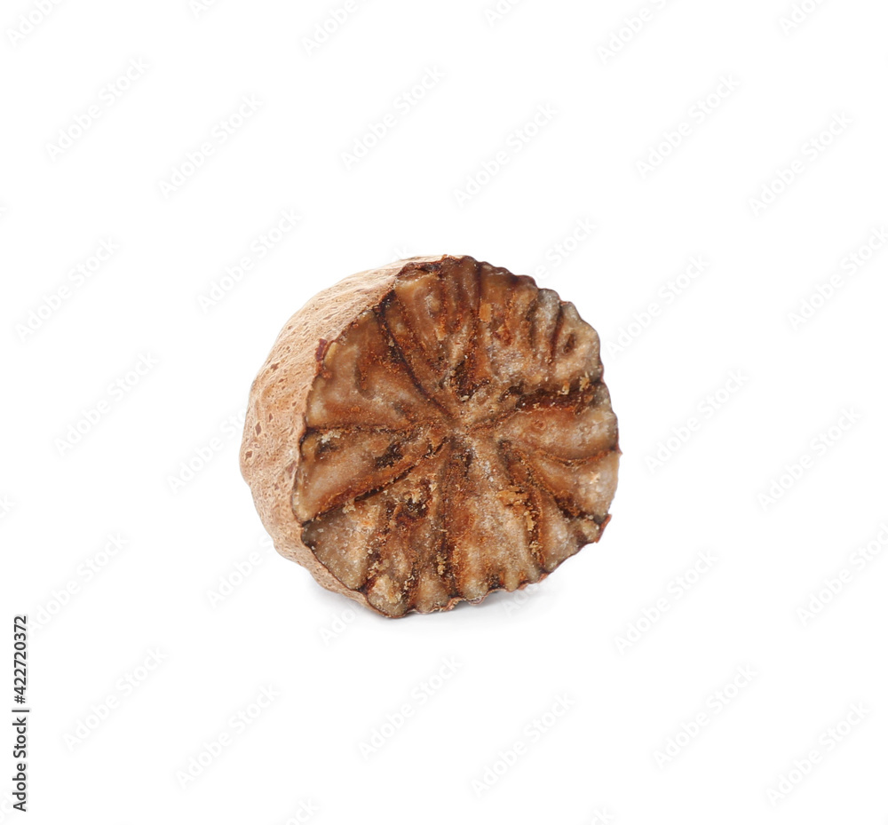 Piece of nutmeg seed isolated on white Piece of nutmeg seed isolated on white
