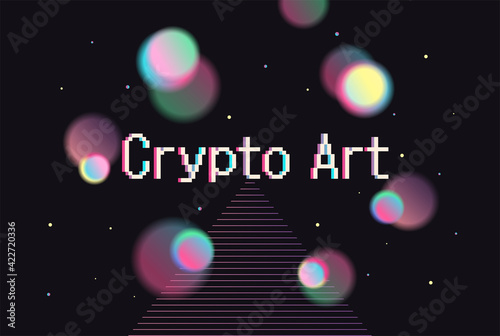 Crypto art. NFT token. Vector futuristic cryptography wallpaper. Retro wave, synthwave, rave, vapor, cyber punk. Blue, black, pink purple color. Trendy vintage 80s, 90s style. Print, poster, banner