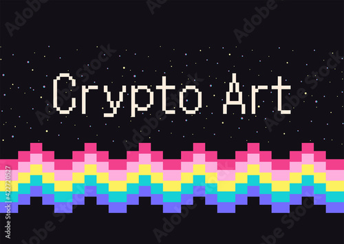 Crypto art. NFT token. Vector futuristic cryptography wallpaper. Retro wave, synthwave, rave, vapor, cyber punk. Blue, black, pink purple color. Trendy vintage 80s, 90s style. Print, poster, banner