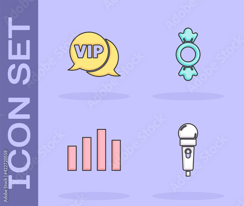 Set Microphone, Vip in speech bubble, Music equalizer and Candy icon. Vector