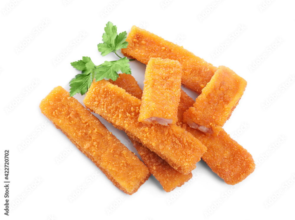 Fresh breaded fish fingers with parsley on white background, top view Fresh breaded fish fingers with parsley on white background, top view