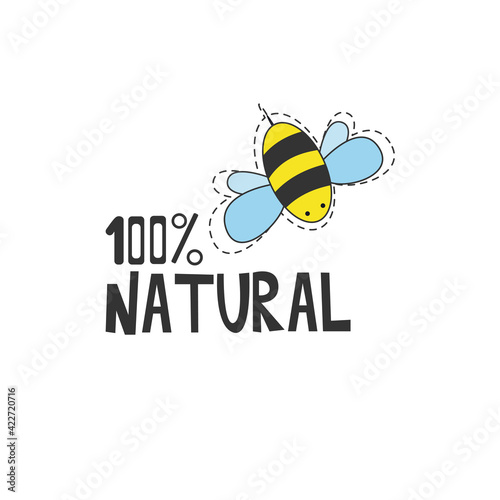100% natural product. Bee icon isolated on white background. Beautiful bees life concept for printing, packaging, nectar, honey, textiles and other purposes. Vector illustration