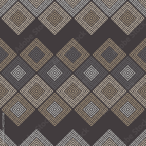 Mosaic with geometric shapes. Seamless pattern. Design with manual hatching. Textile. Ethnic boho ornament. Vector illustration for web design or print.