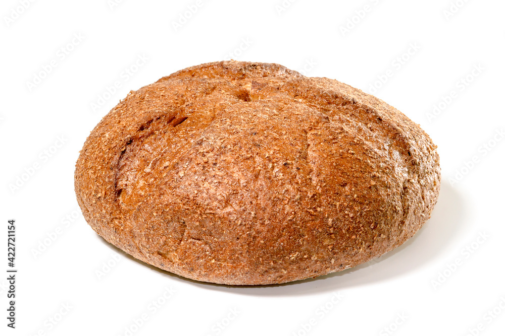 Fresh rye bread or whole grain bread on white background. Healthy baked bread. Flat lay. Food concept. Isolated