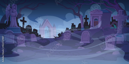 Obraz na płótnie Night cemetery, graveyard with tombstones in fog
