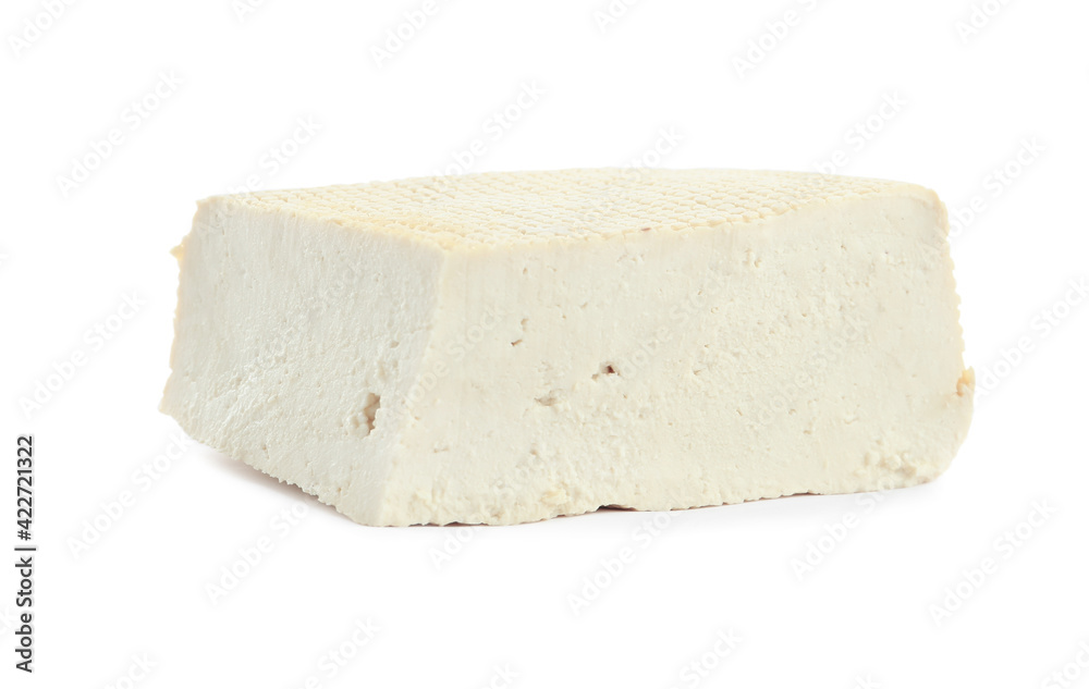 Piece of delicious tofu isolated on white. Soybean curd