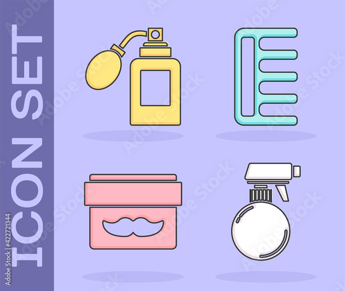 Set Hairdresser pistol spray bottle, Aftershave bottle with atomizer, Cream or lotion cosmetic jar and Hairbrush icon. Vector
