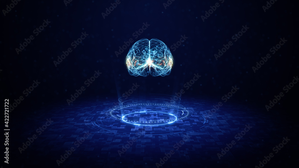 Artificial Intelligence Concept Brain Over Circuit Board Hud And